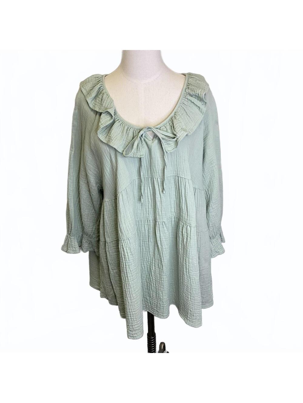 Zesica Women's size 2XL XXL Light Green Ruffled Collar Blouse Top Shirt